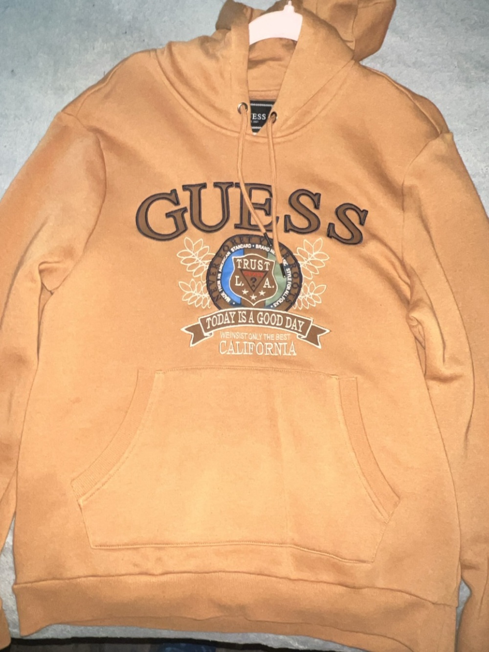 Unisex Guess Pullover Hoodie in Camel Brown